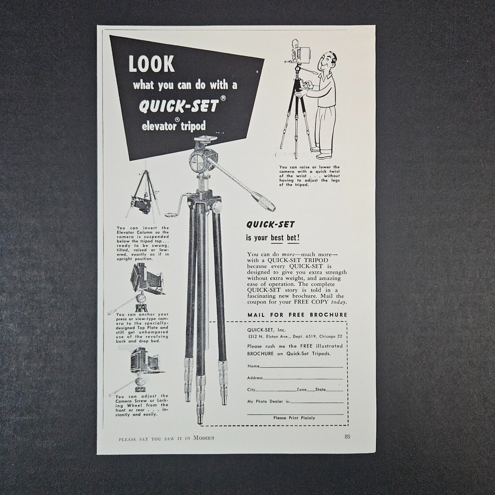 1951 Quick-Set‎ Elevated Tripod Camera Photography Vintage Print Ad Chicago IL